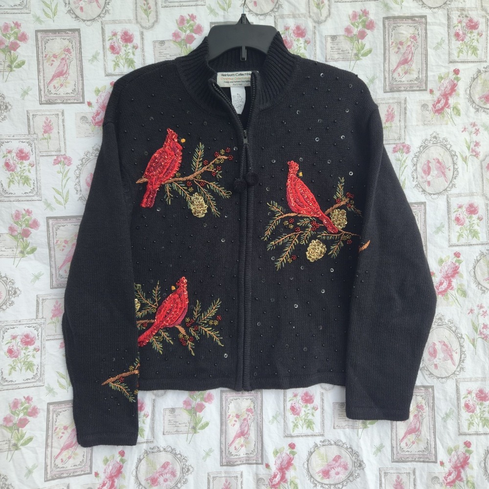 Vintage The Quacker Factory Christmas Cardinal Zip-Up Cardigan Sweater PL Beaded